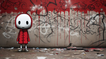 Grunge wall with a cute cartoon character in a red dressの素材
