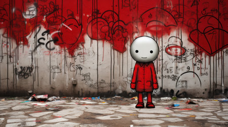 Graffiti on the wall with a sad man in a red coatの素材