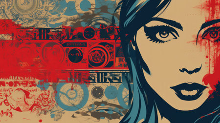 Grunge illustration of beautiful woman face on grunge background.の素材