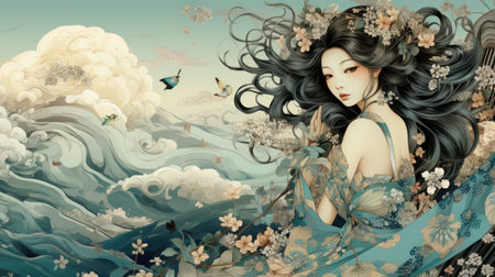 Beautiful asian woman with long black hair and flowers in her hairの素材