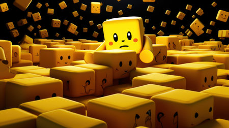 3d rendering of yellow cubes with emoticon face in black backgroundの素材