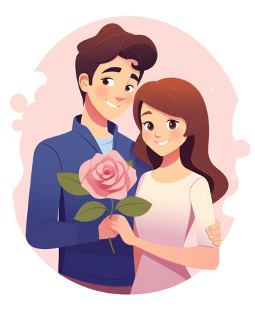 Cute couple with a rose in their hands. Vector illustration.の素材