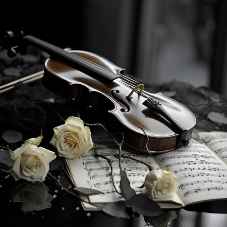 Violin and roses on a black background. Black and white photo.の素材