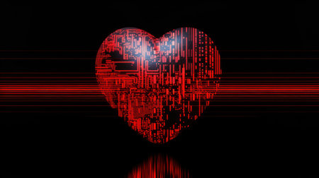 Red heart with binary code on black background. 3D illustration.の素材