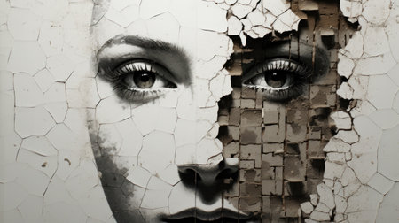 Close up portrait of beautiful young woman with makeup on cracked wall backgroundの素材
