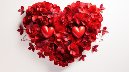 Heart shape made of red roses and petals on white background.の素材