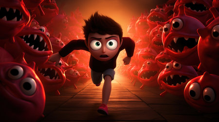 3D rendering of a cartoon character running through a scary halloween sceneの素材