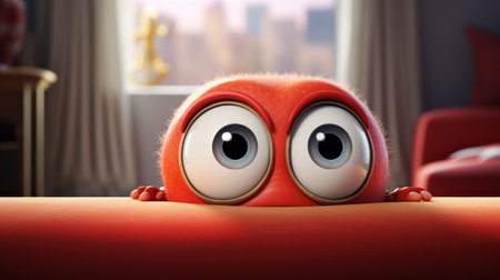 Funny red monster with big eyes on a red sofa in the roomの素材