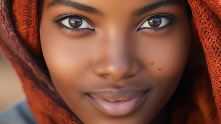 Closeup portrait of a beautiful young african american woman wearing scarfの素材