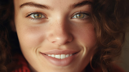 Close-up portrait of beautiful young woman with freckles.の素材