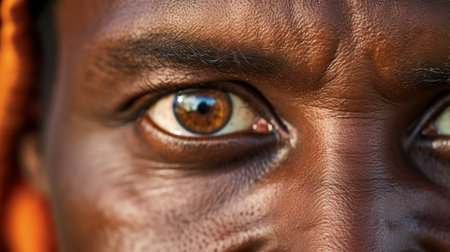 Close-up of the eyes of an African man with a yellow shirt.の素材