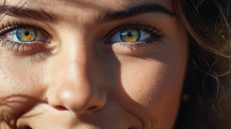 Close up portrait of a beautiful young woman with blue eyes looking at cameraの素材