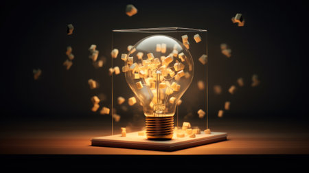 Idea concept with glowing light bulb on dark background 3D renderingの素材