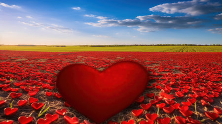 Red heart on a field of poppies. Valentines day backgroundの素材