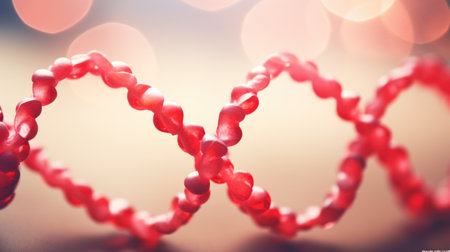 Red heart-shaped beads on a bokeh background. Valentine's Day.の素材