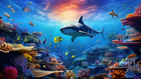 3D render of a shark swimming in the coral reef at sunsetの素材