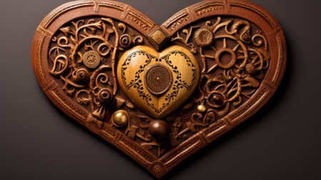 Heart-shaped wooden box with an ornament on a black background.の素材