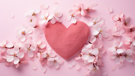 Pink heart and cherry blossom petals on pink background, top viewの素材