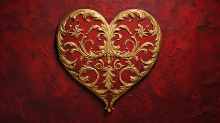 Valentine's Day background. Golden heart on a red wallの素材