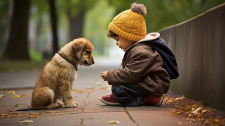 Cute little boy playing with a dog in the autumn park.の素材