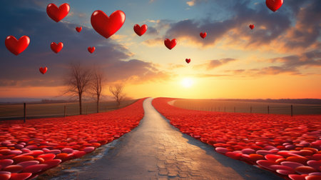 Valentine's day background with red heart balloons on the roadの素材