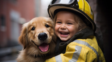 Little boy with his dog in the helmet of a fireman.の素材