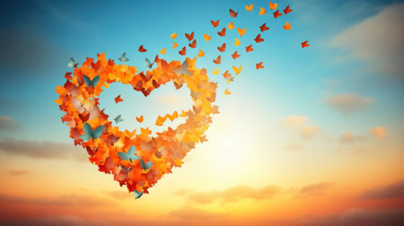 Heart shaped paper planes against orange and blue sky with clouds 3dの素材