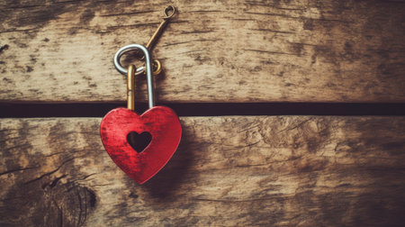 Key in the shape of a heart on a wooden background. Valentine's Day.の素材