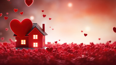 3d rendering of a little house with red hearts in the backgroundの素材