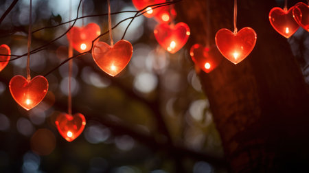 Red heart shape on the tree with bokeh light background.の素材