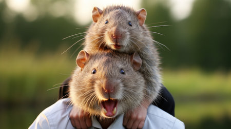 Two rats in the hands of a man. The concept of friendship.の素材