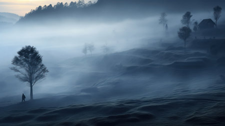 Winter landscape with fog and trees in the foreground, 3d renderの素材