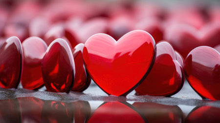 Red hearts in a row on a reflective surface. Shallow depth of field.の素材