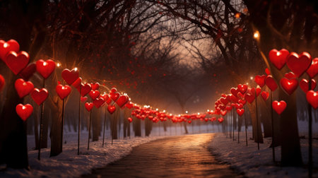 Valentines day background with red hearts and lights. 3d renderingの素材
