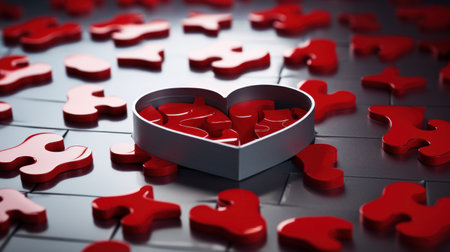 Red puzzle pieces in the shape of a heart, 3d renderの素材