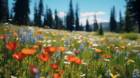 Field of poppies and wildflowers in the mountains.