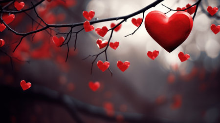 Red hearts on a tree branch. Valentines day background. Love concept.の素材