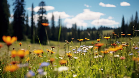 Meadow with flowers and mountains in the background. Beautiful summer landscape.の素材