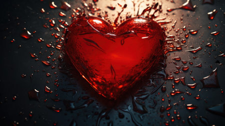 Red heart on a black background with drops of water. Valentine's Day.の素材