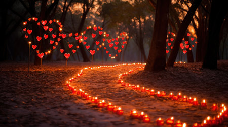 Heart shaped candles in the park. Valentine's Day. Love concept.の素材