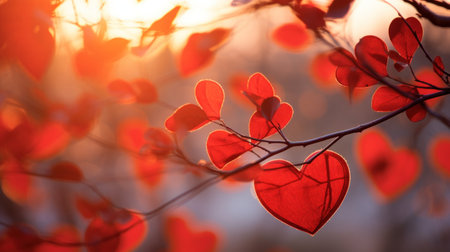 Red heart-shaped leaves on a branch in the rays of the setting sunの素材