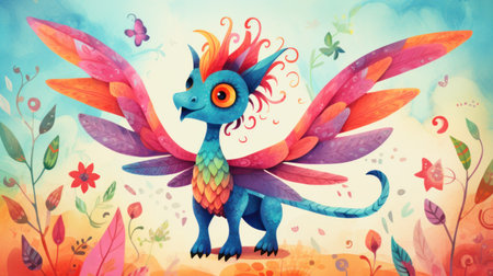 Colorful fantasy dragon with flowers and butterflies. Watercolor illustration.の素材