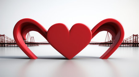 Red heart and bridge on a white background. 3D rendering.の素材