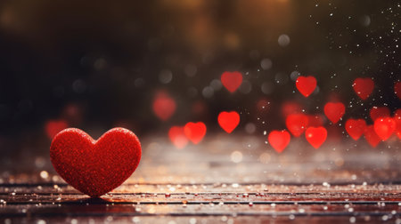 Valentines day background. Red heart on wooden background with bokeh.の素材