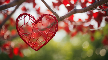 Red heart on a tree branch with bokeh background, valentines dayの素材