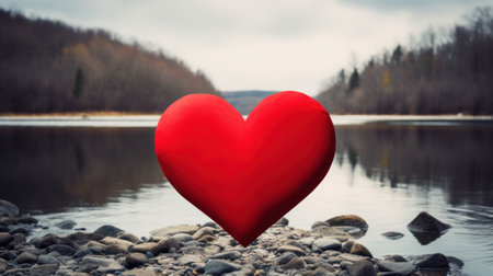 Red heart on the river bank. Valentines day background. Love concept.の素材