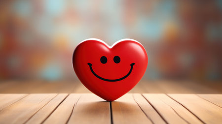 Smiling red heart on wooden table with bokeh background.の素材