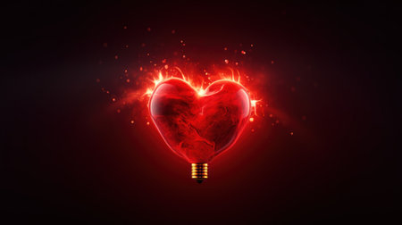 Heart shape lightbulb on dark background, valentines day conceptの素材