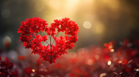 Red flowers in the heart shape on bokeh background, valentine's dayの素材