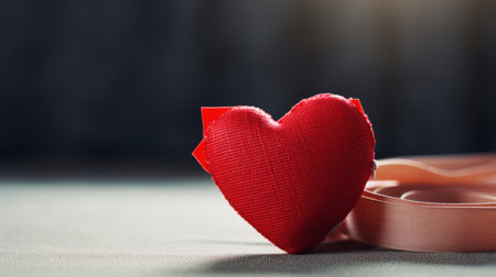 Red heart and ribbon on a dark background. Valentine's Day.の素材